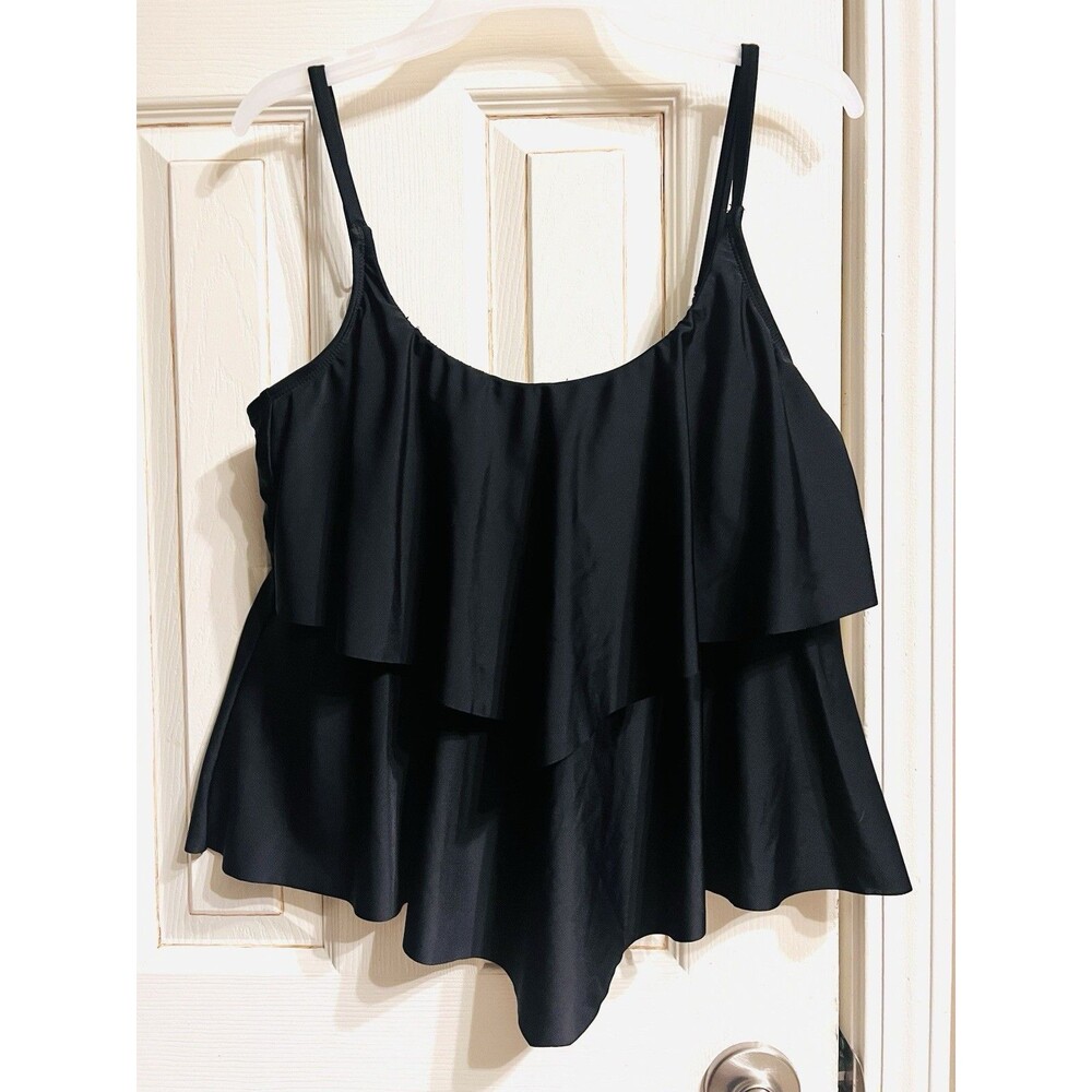 2Bamboo Black Tankini Swim Top Large Cascading Ruffle Adjustable Straps Padded